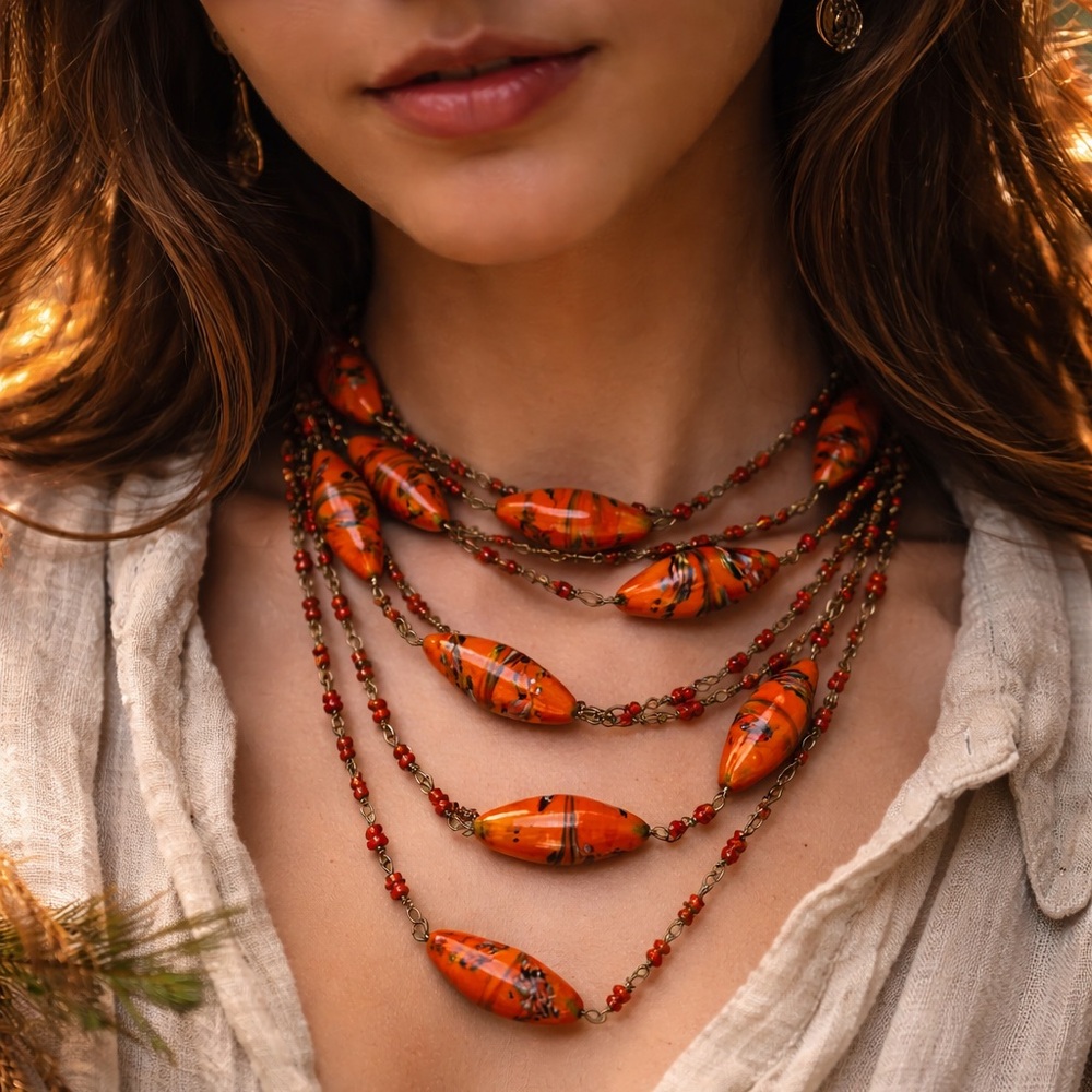🔥Fire-Kissed Antique Infinity Necklace — 35” Tribal Glass + Brass✨